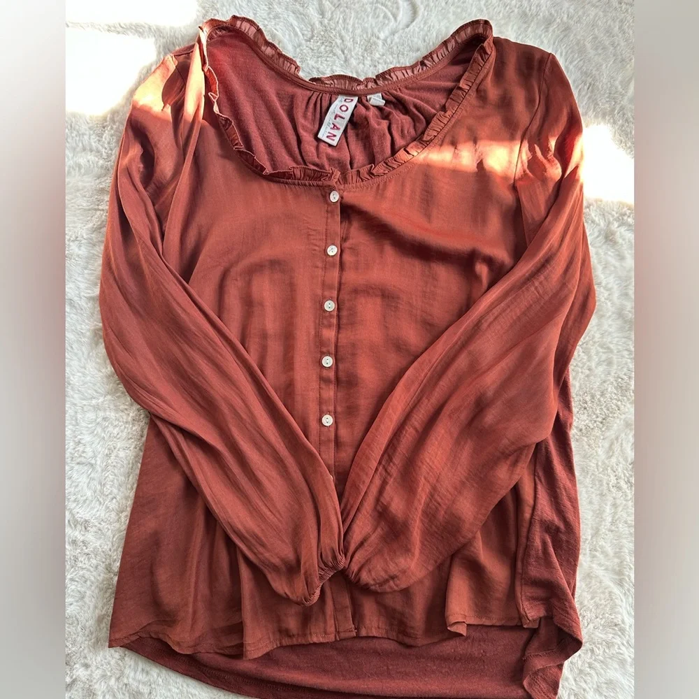 Dolan Left Coast Collection Rust Ruffle Neck Button Front Blouse | Size S - Picture 4 of 7